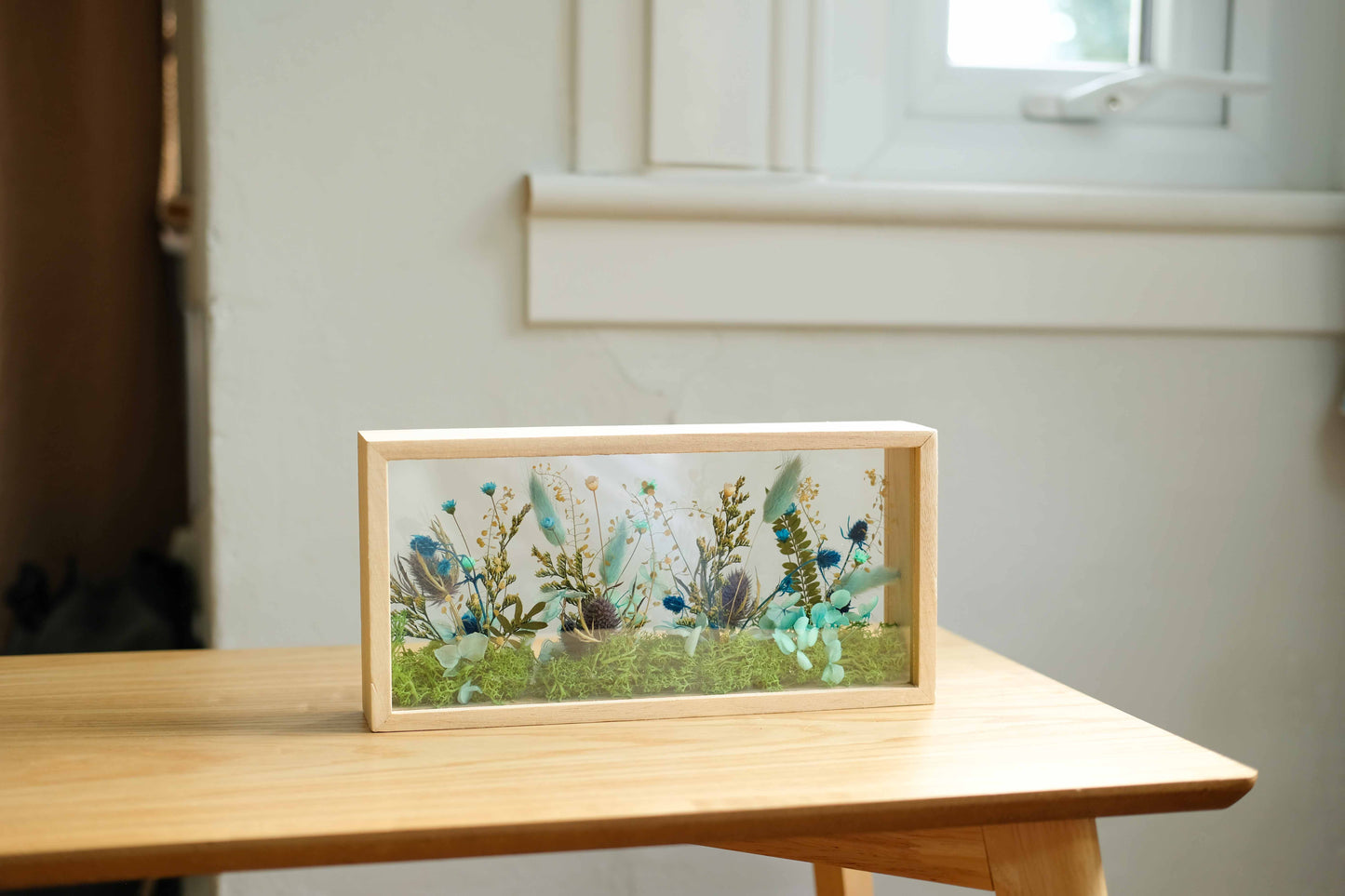 Handmade Dried Flower Shadow Box: Wooden Frame Decor, Summer Blue Colour