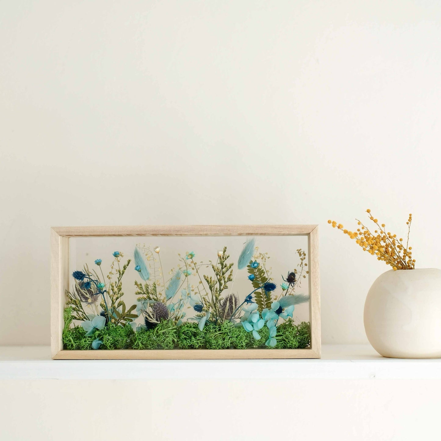 Handmade Dried Flower Shadow Box: Wooden Frame Decor, Summer Blue Colour