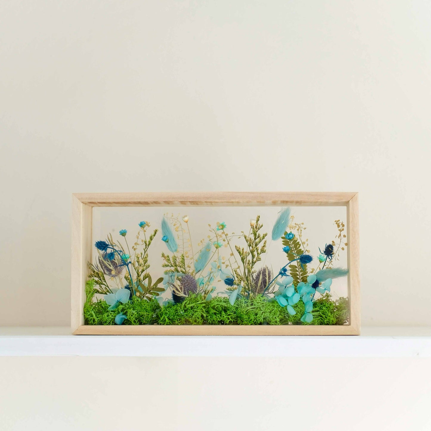 Handmade Dried Flower Shadow Box: Wooden Frame Decor, Summer Blue Colour