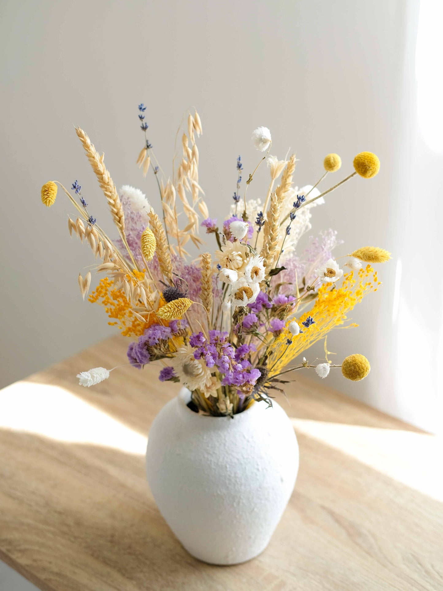 Yellow, Purple & Lilac Dried Flower Bouquet: Dried Natural Floral Arrangement
