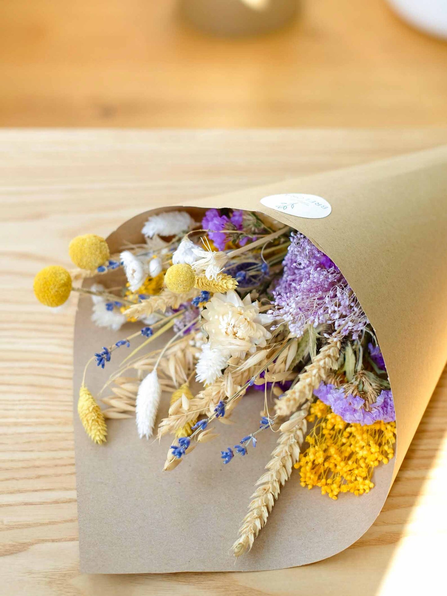 Yellow, Purple & Lilac Dried Flower Bouquet: Dried Natural Floral Arrangement