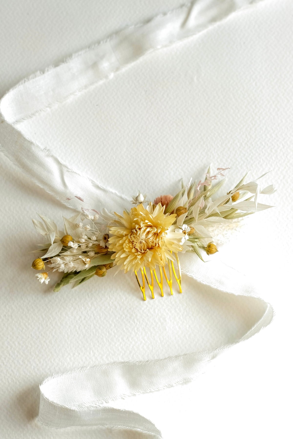 Petite Cream Ivory Dried Flower Wedding Hair Comb
