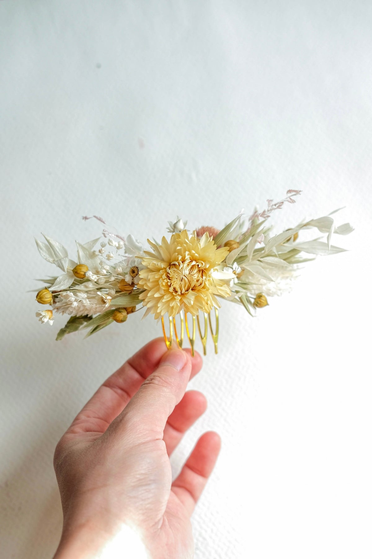 Petite Cream Ivory Dried Flower Wedding Hair Comb