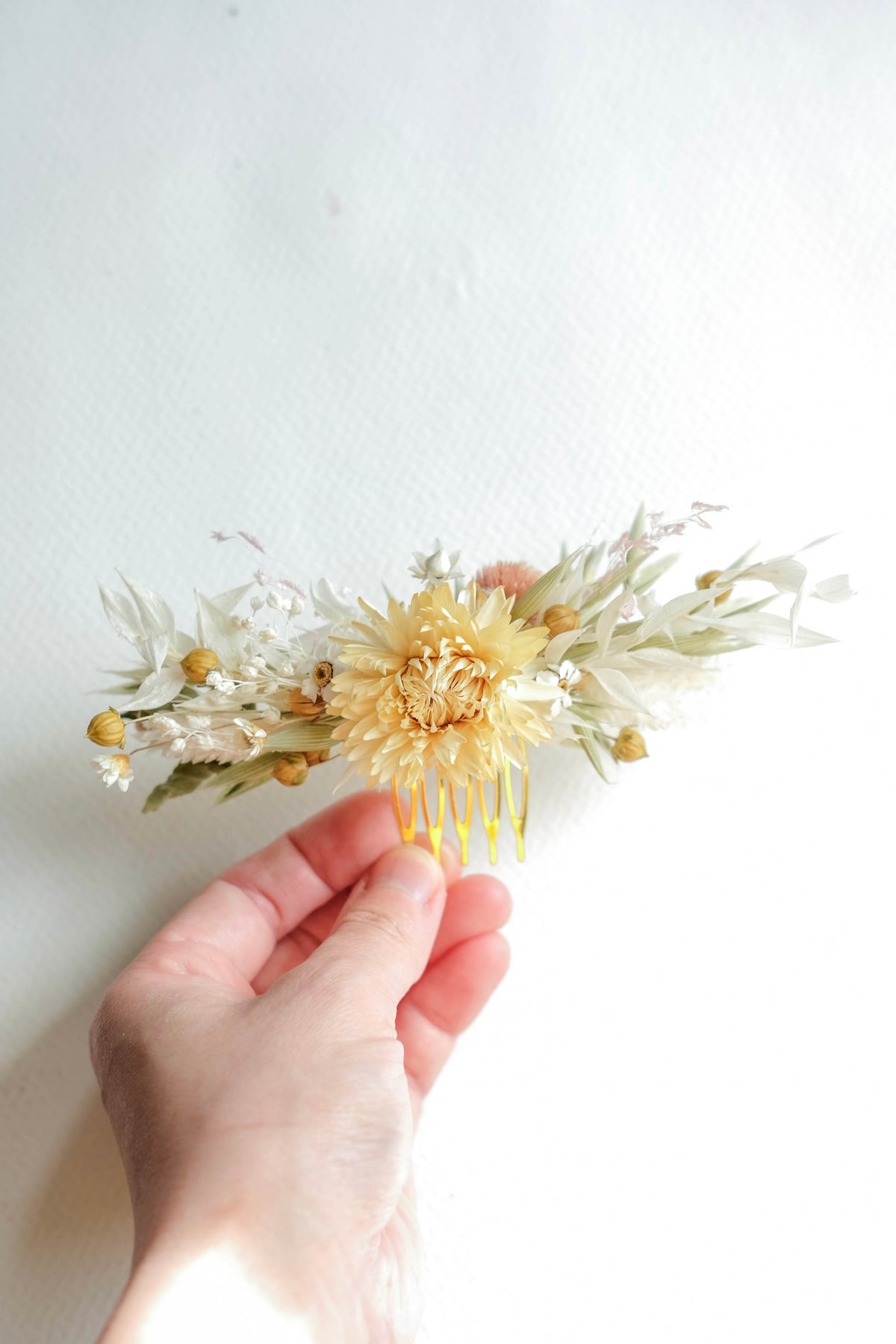 Petite Cream Ivory Dried Flower Wedding Hair Comb
