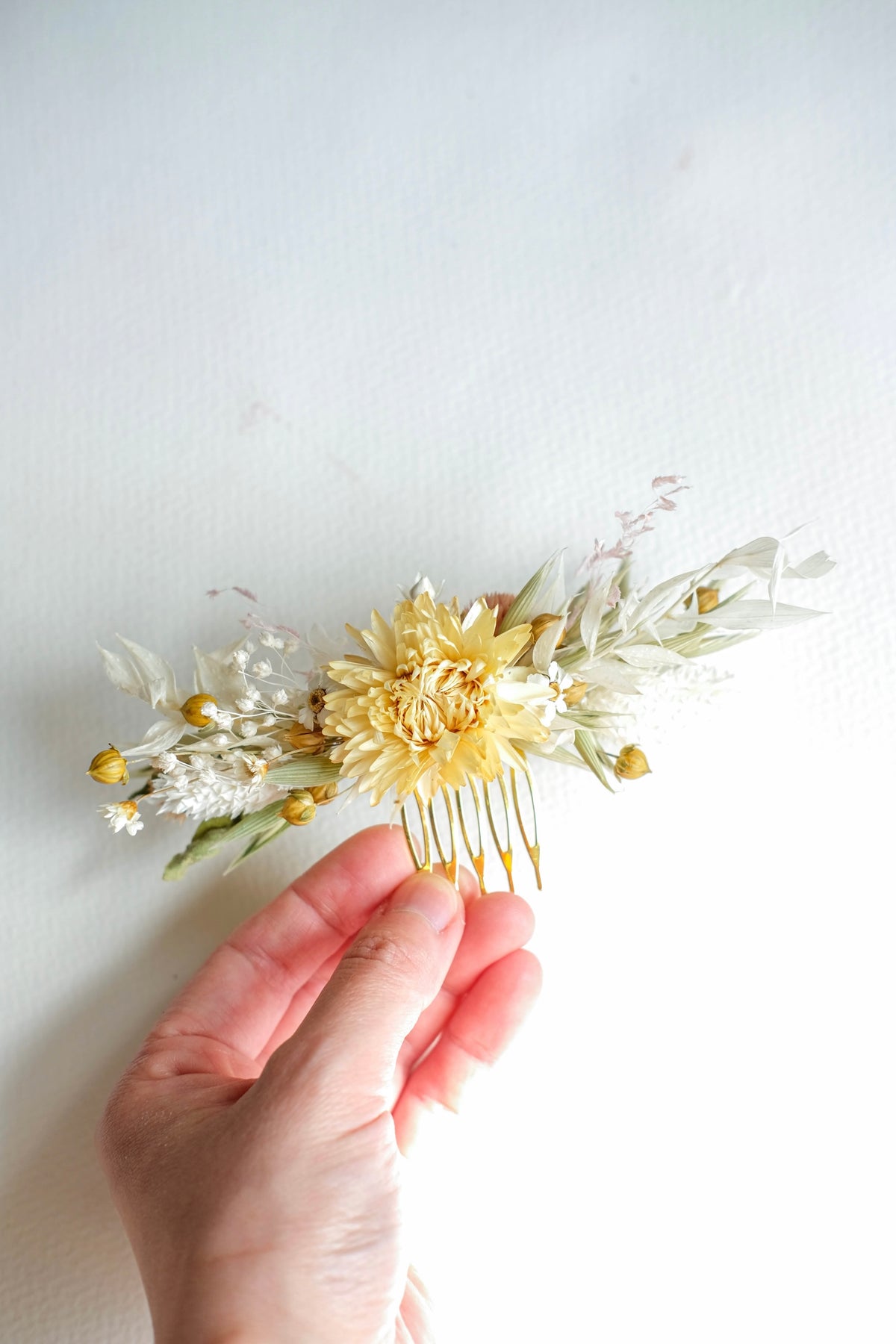 Petite Cream Ivory Dried Flower Wedding Hair Comb